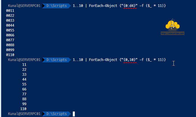 Microsoft Powershell padleft foreach-object -f operator format operator scripting adding leading 0 zero padright string and integer int.png