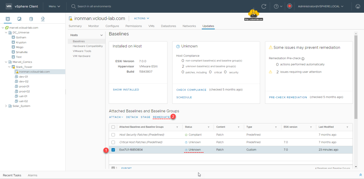vmware vsphere esxi lifecycle manager update planner attach baseline groups detach stage remediate check compliance schedule patching pre-check redmediation complaint unknown bundle.png