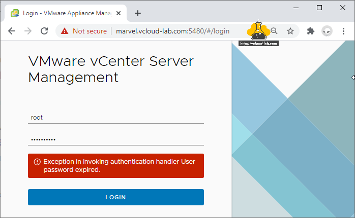 Vmware vSphere vCenter server management 5480 vami root login exception in invoking authentication handler User password expired change password policy.png