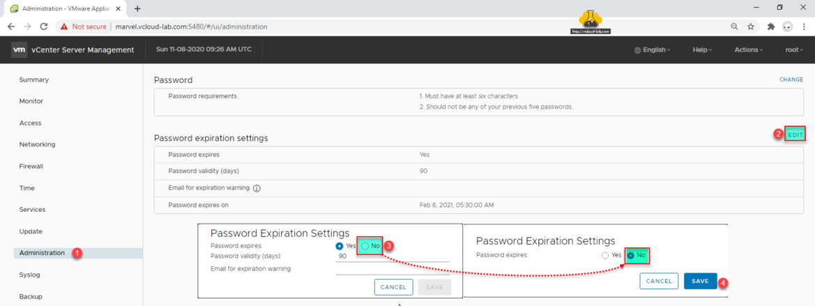 vmware vcenter server management vami 5480 administration password expiration settings password expires password validity days 90 email warning vcenter server.png