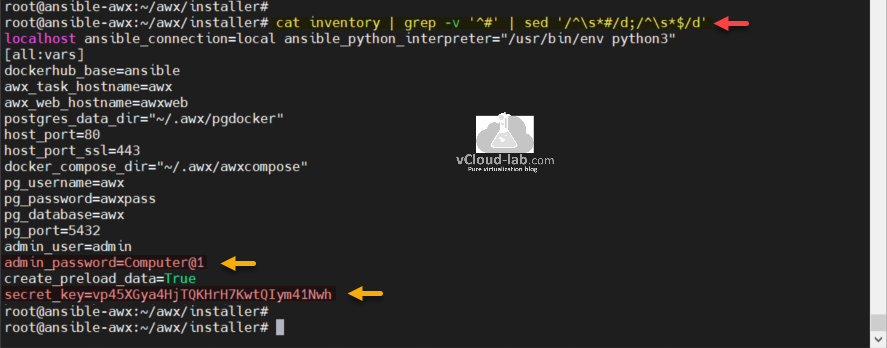 install ansible tower awx on ubuntu linux redhat centos cat inventory awx installer pgdocker postgress_data_dir admin_password secret_key docker hub awx_web_hostname  awxweb grep sed.png