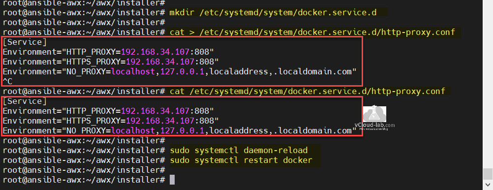 ansible awx installation on ubuntu linux mkdir etc systemd system docker.service.d http-proxy.conf environment https_proxy No_proxy awx installer sudo daemon-reload systemctl restart docker service.png