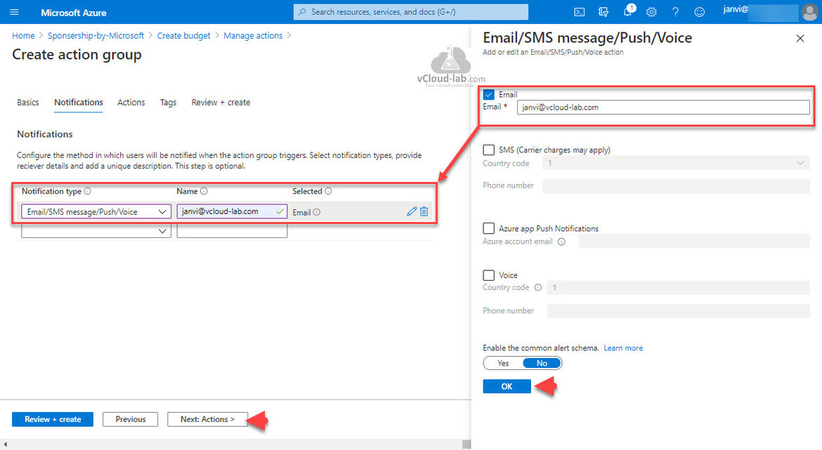 Microsoft Azure portal create action group Notification type email sms message push voice vcloud-lab.com email carrier charges may apply azure app push notifications alert schema.jpg