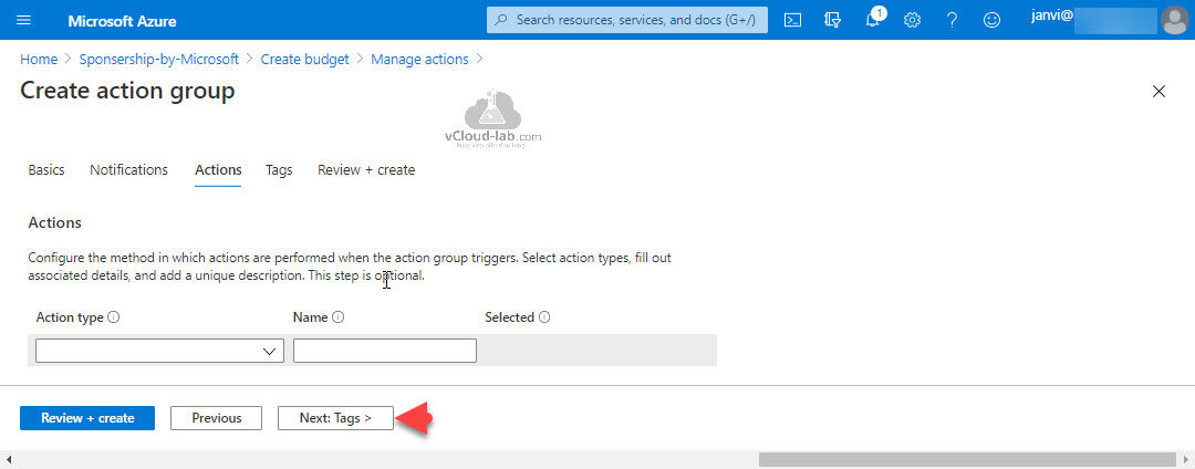Microsoft Azure create action group notifications tags review + create budget alert cost management budget.jpg