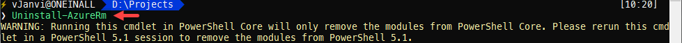 Microsoft azure powershell uninstall-azurerm warning running this cmdlet in powershell core will only remove the modules let in powershell 5.1 session to remove module.png