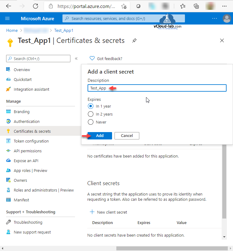 Microsoft Azure portal Powershell Rest api azure certificates & secrets add a client secrets expires in 1 year never token configuration branding authentication api permissions expose an api certificates.png
