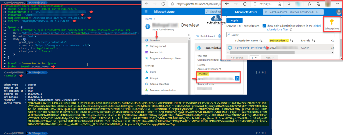 Microsoft Azure Powershell Rest API authentication subscriptionID TenentID applicationid secret post method invoke-restmethod access_token oauth2 api-version client_credentials client_id client_secret bearer.png