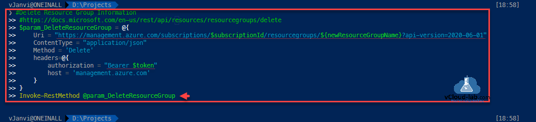 Microsoft Azure Rest API powershell Delete resource group information contenttype application json method delete headers authentication bearer token host management.azure.com invoke-restmethod uri.png