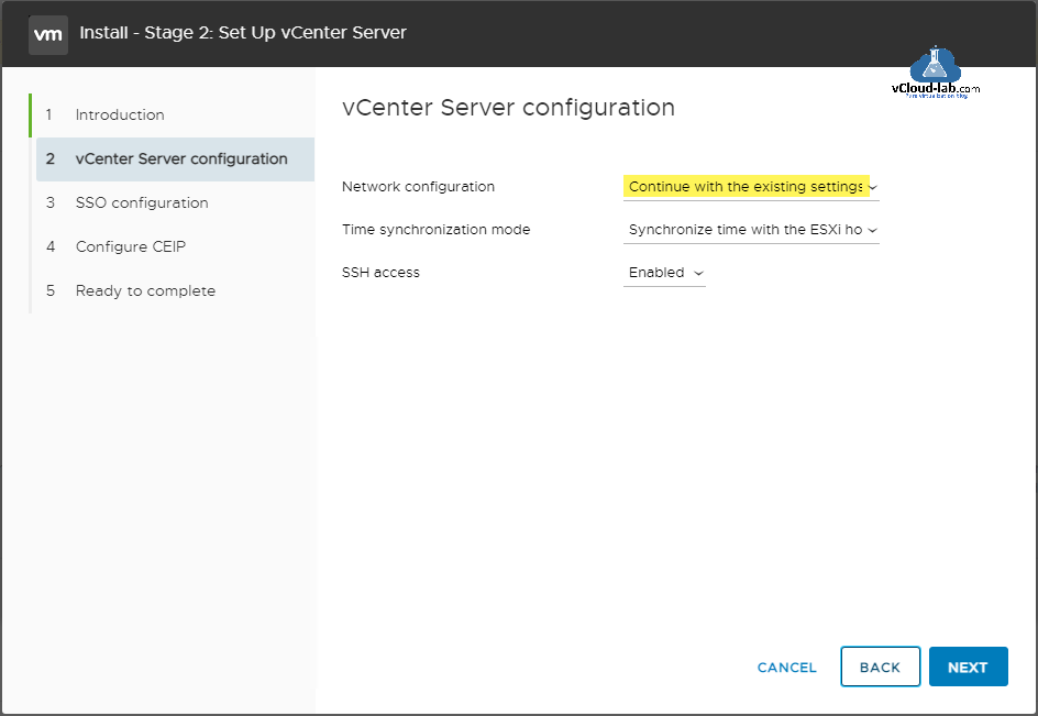 vmware vsphere vcenter server appliance install stage 2 set up vcenter server configuration network configuration continue with the existing settings time sychronization ssh access.png