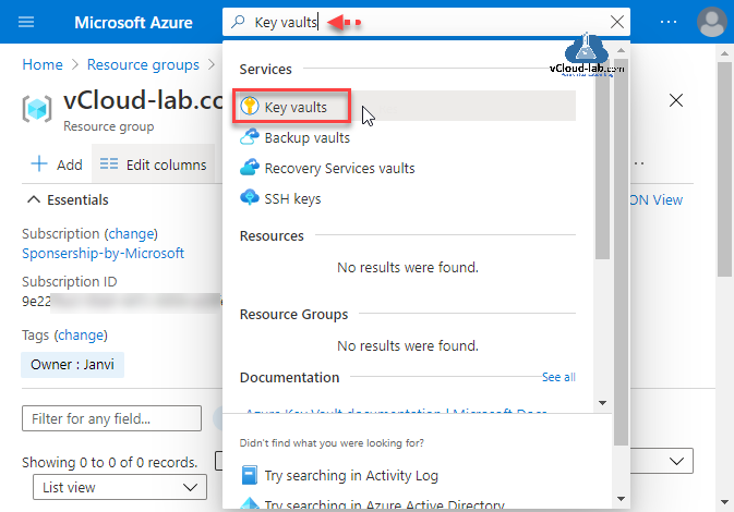 Microsoft Azure Key Vaults backup vaults recovery services vaults ssh keys subscription ID Subscription sponsership by microsoft azure account portal microsoft azure secrets and keys.png