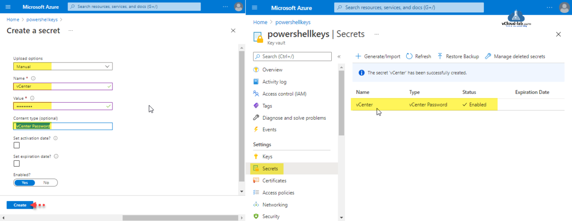 Microsoft Azure Create a secret key vault generate import restore backup managed deleted secrets keys certificates access policies networking security azure portal key vault management.png