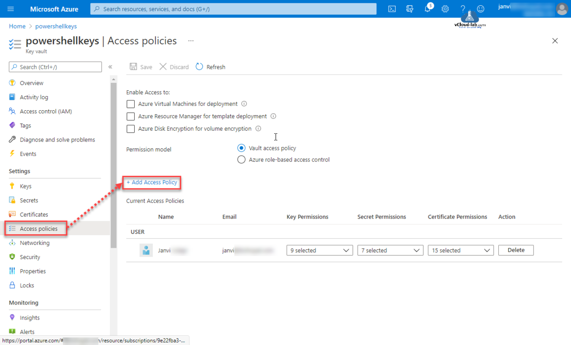 Microsoft Azure portal add access policy azure virtual machines for deployment azure resource manager for template deployment auzre disk encryption for vaolume encryption get read key secrets.png