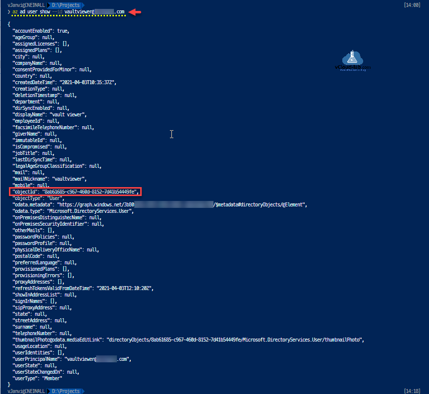 Microsoft azure portal az ad user show --id object id key vault powershell azurecli azure cli azure active directory azuread key vault secret certificate access policy.png