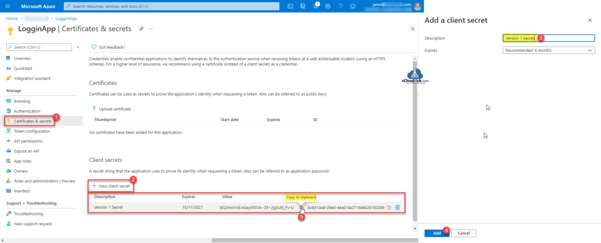 Microsoft Azure Active directory app registrations certificates & secrets new client secret upload certificate token configuration api permission app roles thumbprint value expires.png