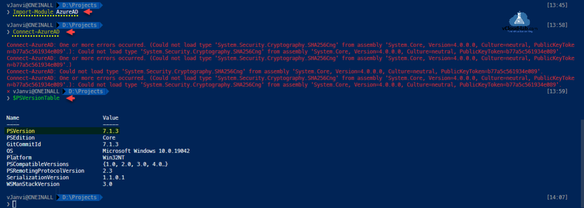 Microsoft azuread import-module system.security.cryptography.sha256Cng connect-Azuread $psversiontable psversion assembly system.core publickeytoken error occurred .png
