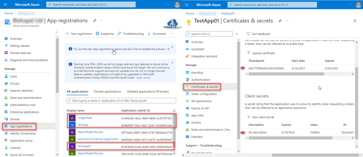 Microsoft azure app registrations azure active directory application client id upload certificate thumbprint client secrets value expires date adal azure ad graph msal.png