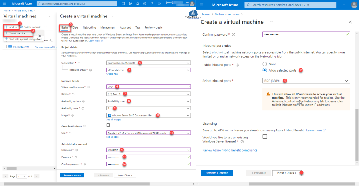 Microsoft Azure Create a Virtual machine subscription resource group region availibility zone option azure spot instance inbound ports license rdp image.png