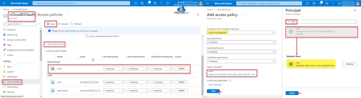 Microsoft Azure key vault azure active directory aad azuread secret add access policies application permissions rbac secret permissions template configuration service principal selected users.png