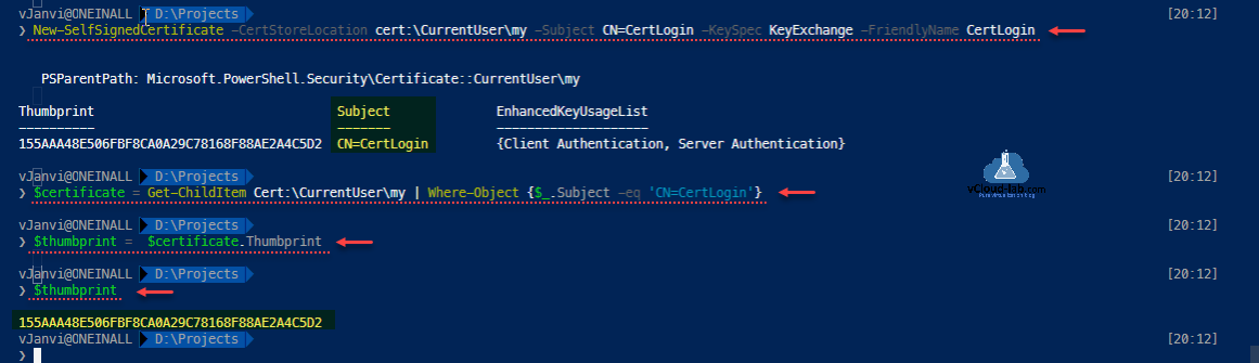 Microsoft Azure Certificate based ad authentication new-selfSignedCertificate get-childitem subject friendly name thumbprint portal powershell az .png