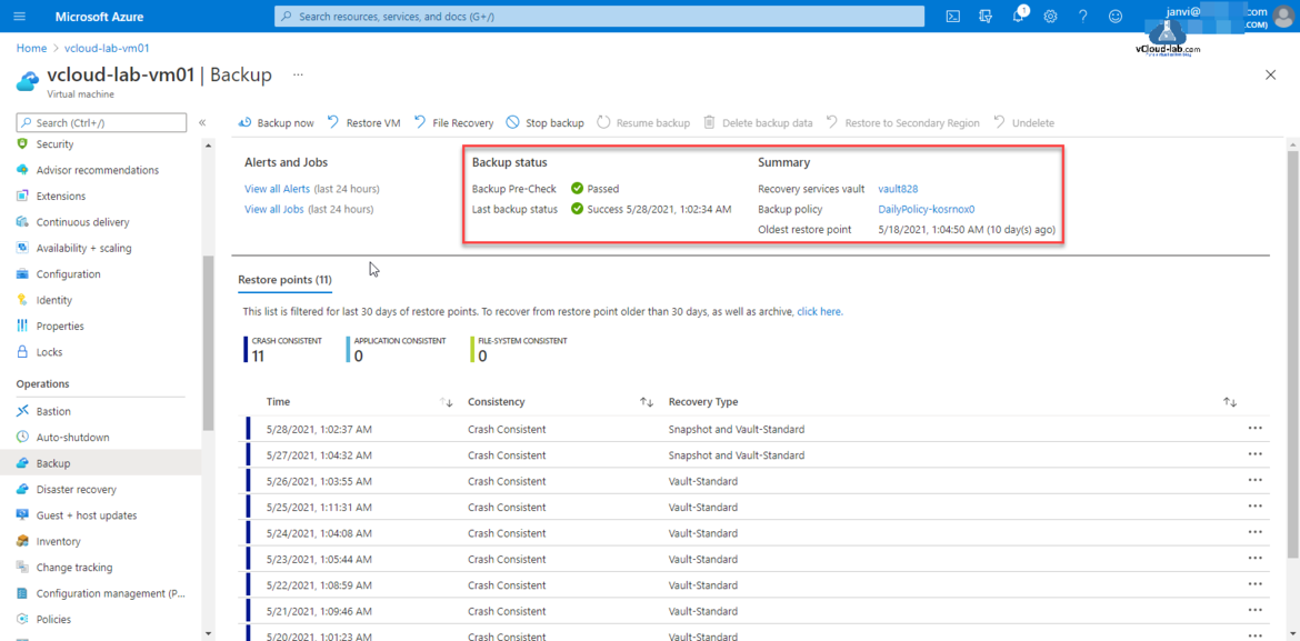Microsoft Azure Portal Virtual Machine Backup recovery Vault backup Pre-check last backup status Summary recovery services vault Backup policy oldest restore Point Powershell.png