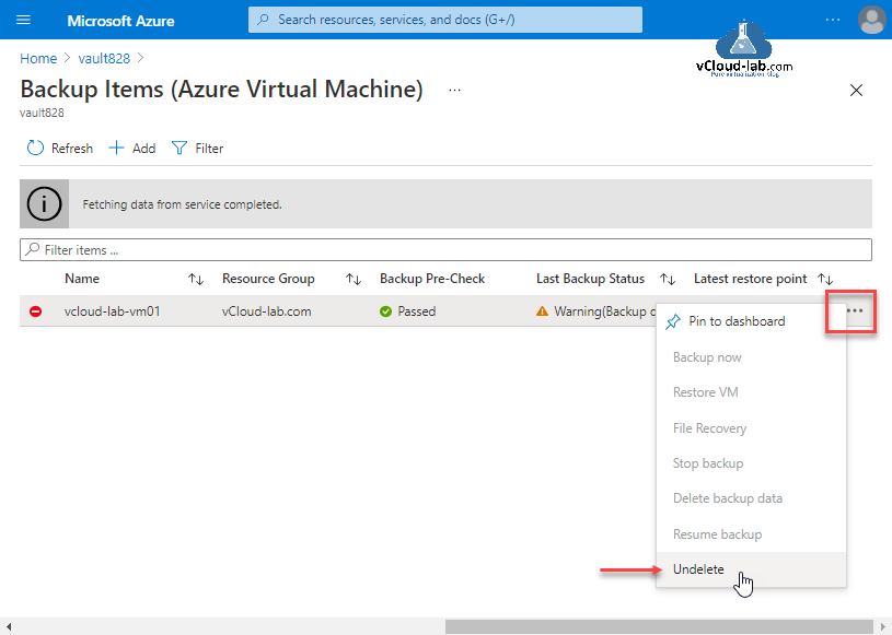 Microsoft azure portal recovery services vault site recovery Backup items Azure virtual machine resource group last backup status pre-check latest restore point undelete resume delete stop restore backup.png