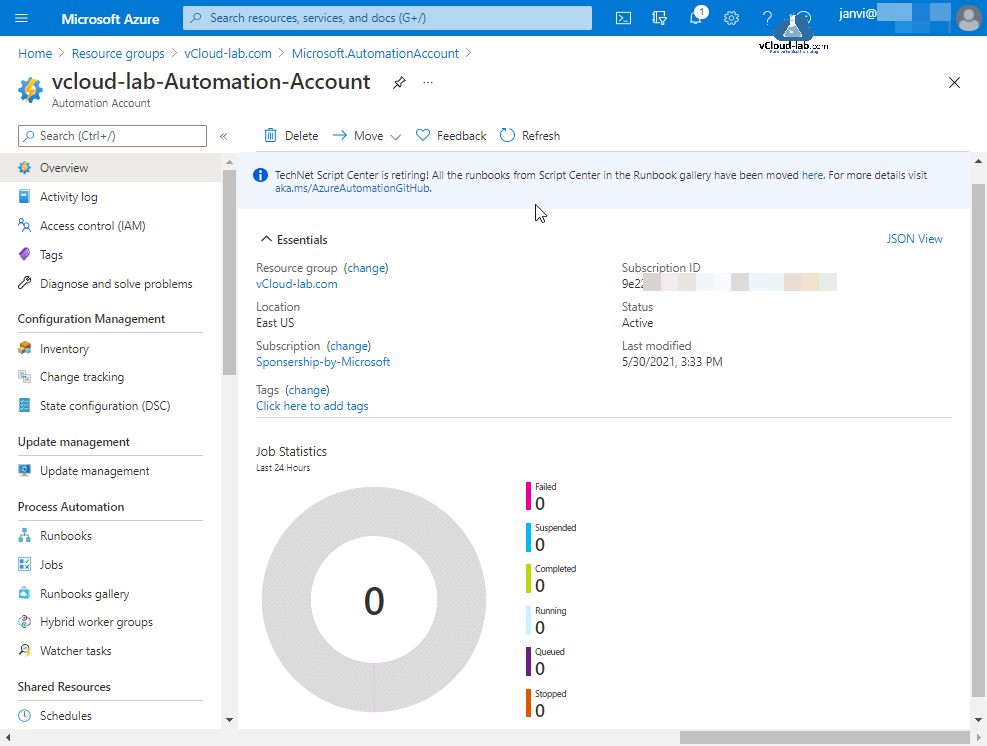 Microsoft Azure Automation Account Resource Groups overview script center runbooks desired state configuration dsc update management jobs schedules inventory change tracking.png