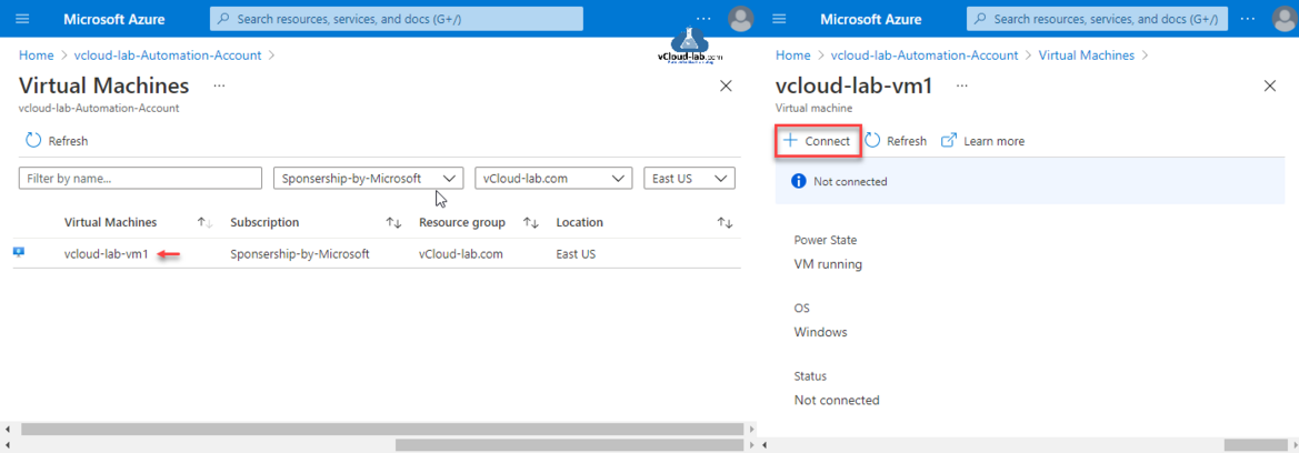 Microsoft Azure desired state configuration automation account virtual machines vm subscription resource group location power state vm running os windows status not connected powershell connect.png