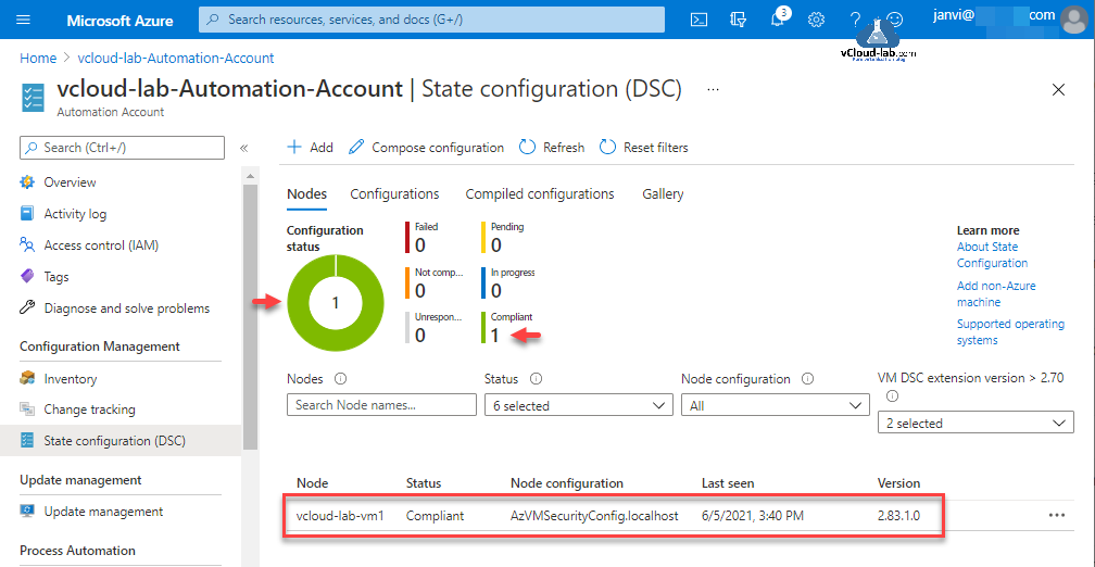 Microsoft Azure Automation Account desired state configuration dsc access rbac overview inventory node configuration management status complient in progress pending failed unresponsive vm dsc extension version powershell.png