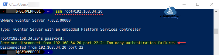 vmware vcenter vsphere server vcsa appliance vcenter server putty ssh with an embedded platform services controller psc recevied disconnected from too many authentication failures.png