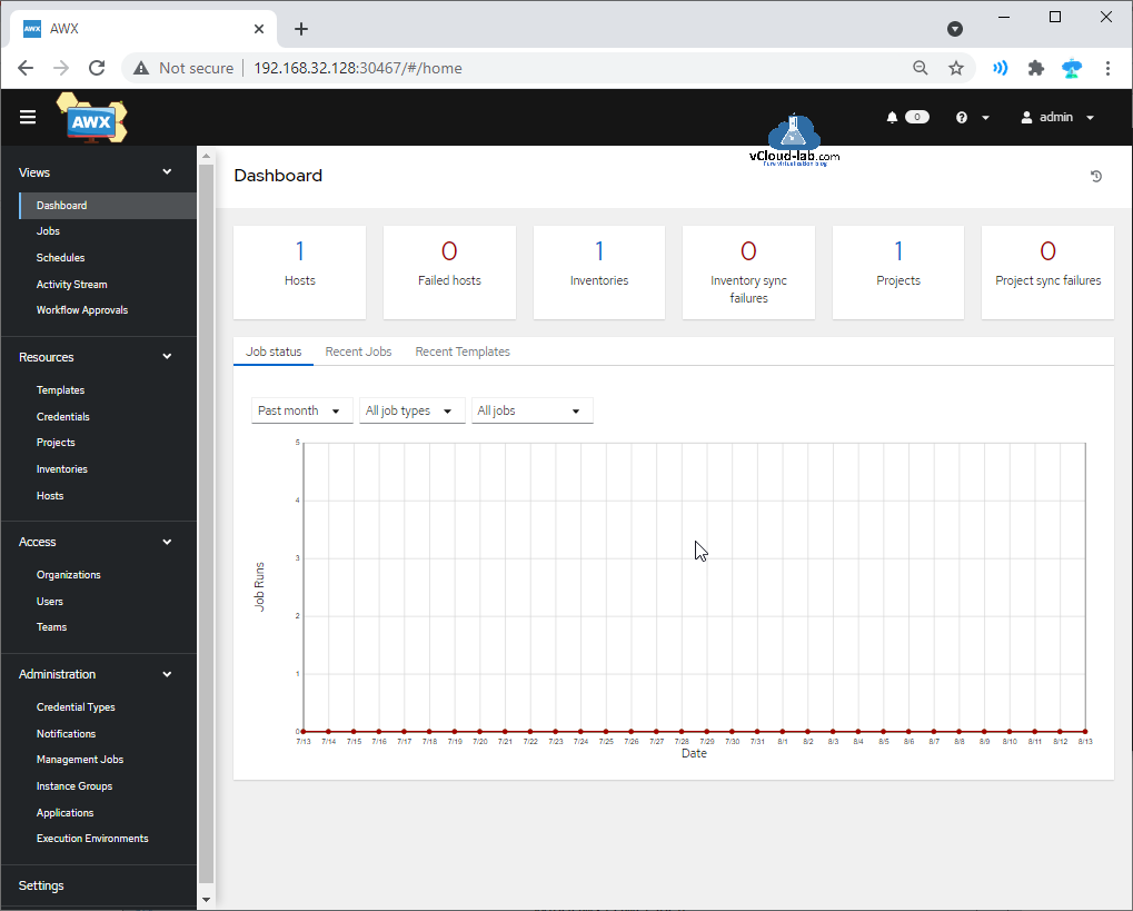 kubernetes docker Ansible AWX tower dashboard jobs schedules templates credentials projects inventories hosts organizations users teams credentials types notification.png