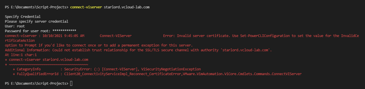 Microsoft Vmware PowerCLI connect-viserver credential Connect-VIServer Error Invalid server certificate. Use Set-PowerCLIConfiguration to set the value InvalidCertificateAction option to prompt if permanent ssl tls.png