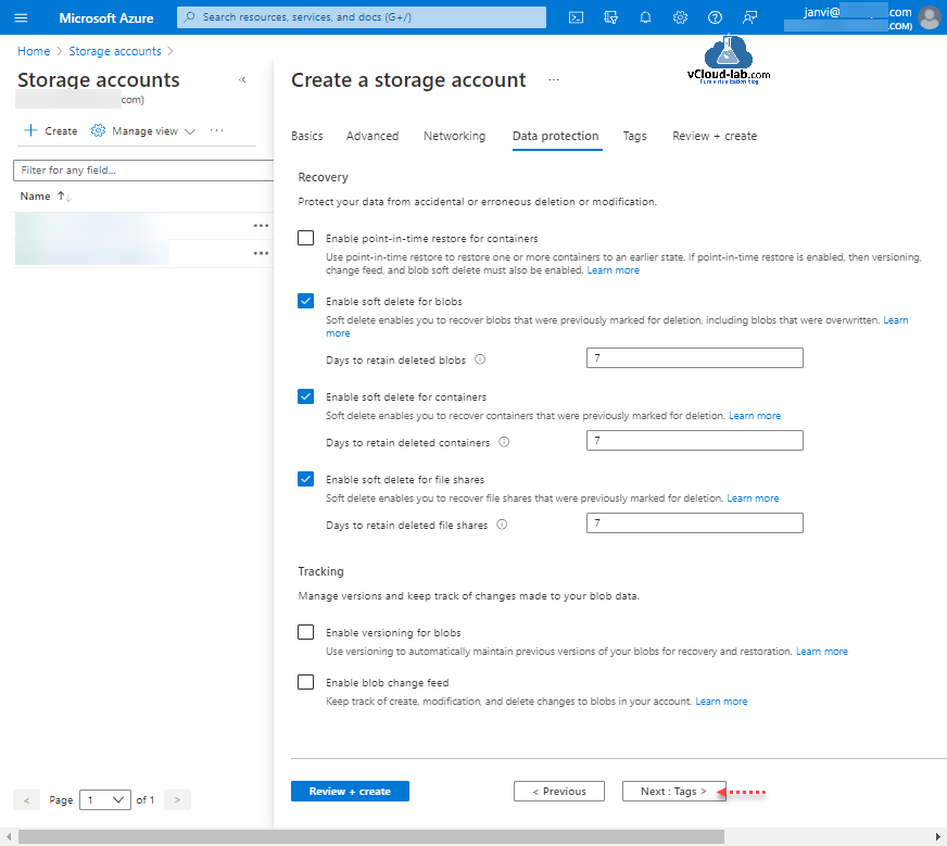 Microsoft Azure Storage account create a sa enable point in time restore for containers enable softdelete for containers file shares versioning for blobs feed.png