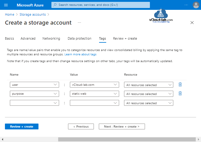 Create a stprage account s3 bucket azure data protection microsoft tags review host a static website microsoft azure powershell terraform devops networking advanced name value key pair resources group.png