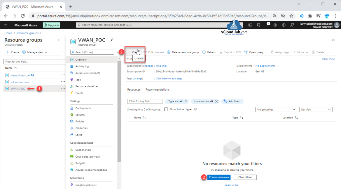 Microsoft Azure windows vwan virtual wan poc resource groups default directory create resource virtual network vnet open query delete recommendations policies security costs filter free tier contact username password.png