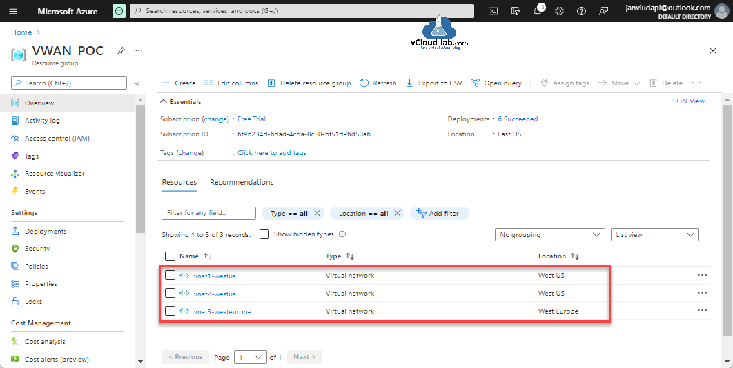 Microsoft Azure Portal vwan poc virtual wan resource group tags events resource visualizer deployments security policies properteis locks vnet virtual network region location delet csv open query.png
