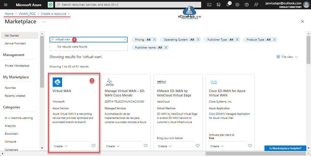 Microsoft Azure marketplace create a resource virtual wan vwan branch to branch hub machine learning compute virtual machine vm containers networking vnet virtual network connectivity default directory firewall.png