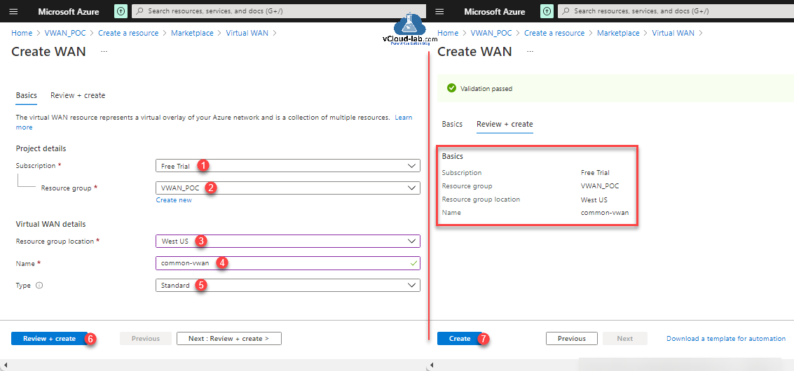 Create wan azure portal microsoft azure subscription resource group virtual wan creation location region type standard firewall type review validation networking.png