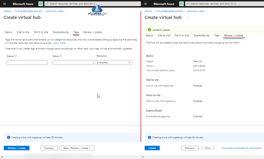 Microsoft Azure portal create virtual hub tags site to site vpn point to site express route tags vwan virtual wan secured hub firewall vpn gateway expressroute connectivity bgp networking azure.png