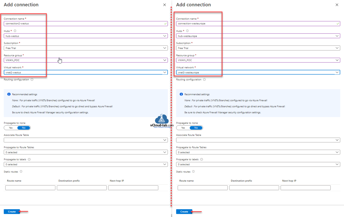 Microsoft azure add connection virtual network connection virtual wan vwan virtual hub non default propagate to none associcate route table static routes firewall manager create.png