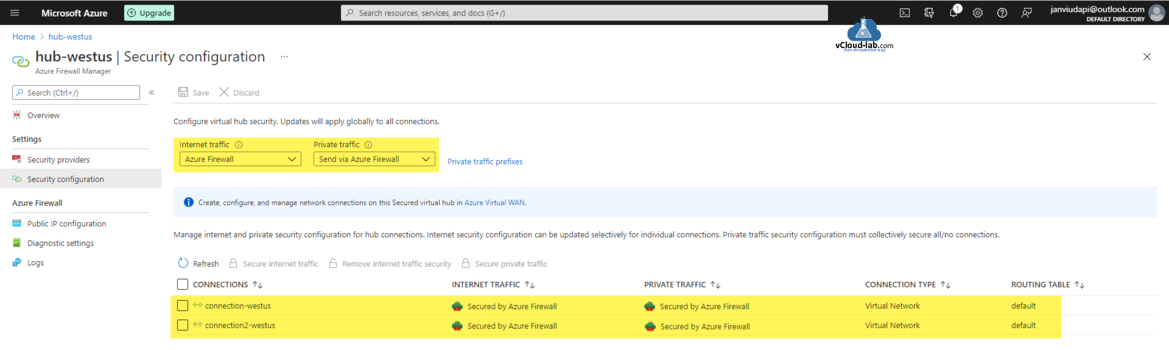 Microsoft Azure portal azure firewall internet traffic private traffic send via azure firewall bypass virtual secured hub security configuration public ip configuration security providers routing table connections updates.png