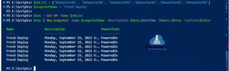 Microsoft Powershell VMware PowerCLI vcenter esxi snapshots features vmlist get-vm New-Snapshot Memory date description confirm kubernetes lab k8s.png