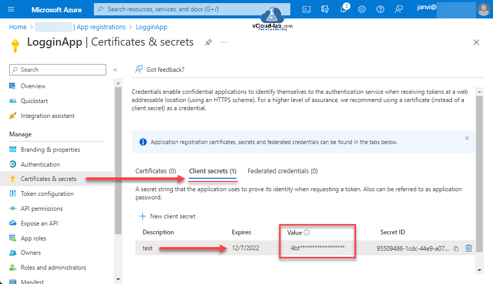 Microsoft azure app registrations certificates and secrets service principal expires application registration federated credentials azure ansible secret id value api permissions.png