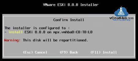vmware vsphere vcenter esxi installation vcsa mpx.vmhba0 virtual disk physical disk repartition partition confirm install step by step guide.jpg