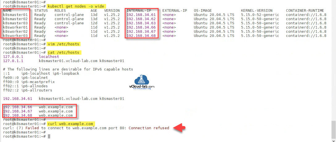 Kubernetes kubectl get nodes -o wide vim etc hosts web.example.com curl wget kubenretes master networking control-plane kube-proxy ipv4 esxi Virtual Machine vm internal-ip ingress controller nginx.jpg