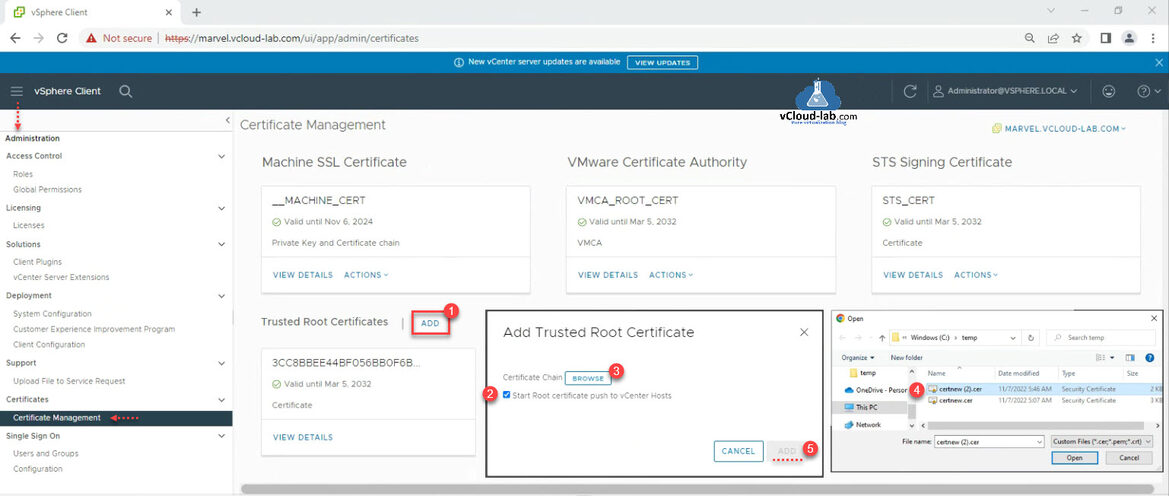 VMware vSPhere vCenter Esxi Certificate Management machine ssl certificates trusted root vmware certificate authority vmca root cert sts cert sts signing certificate mscs microsoft active directory ca.jpg