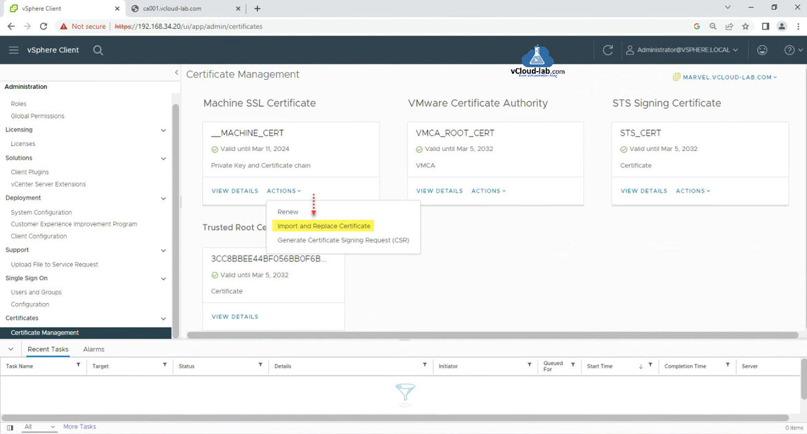 VMware vSphere vCenter ESXi virtualization security best practices certificate management machine ssl certicicate __machine_cert private key chain import and replace certiicate certificate singing request csr generate vmca.jpg
