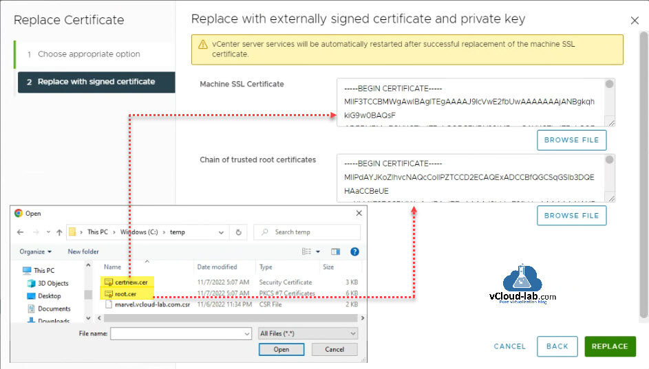 vmware vsphere vCenter esxi replace certificate externally signed certificate private key import chain of trusted root certificates machine ssl certicate adcs certificate authority services