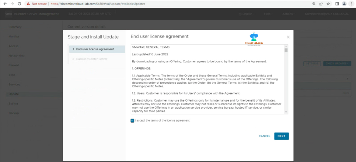 VMware vSphere vCenter ESXi VCSA vCenter server appliance VM virtual machine end user license agreement upgrade and update to newer version.png