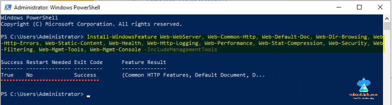 Microsoft Powershell html css javascript run as administrator install-windowsfeature  common http features IIS web web-server configuration wev-mgmet-console tool.png