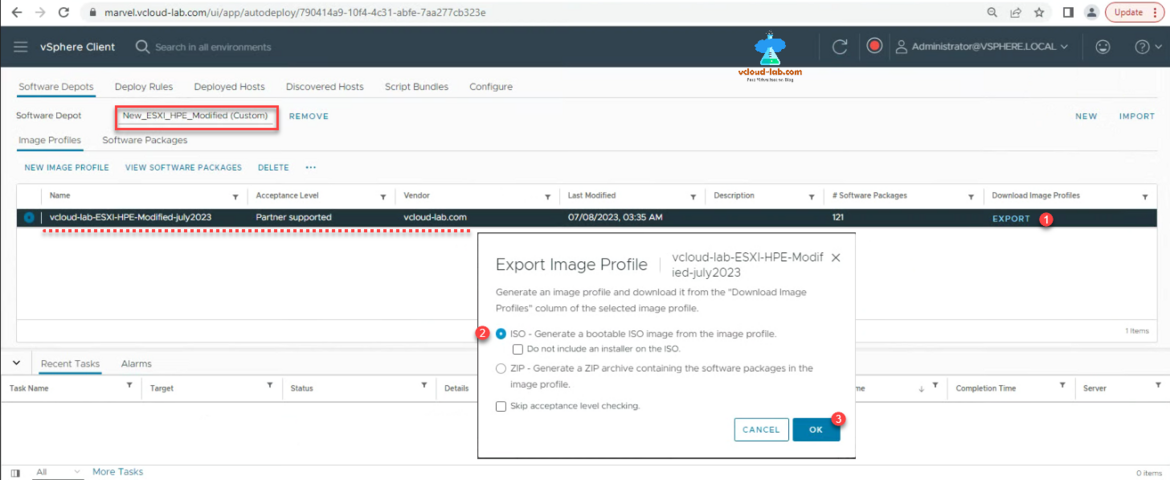 VMware vSphere vCenter esxi server modified hpe new image profile view software packages export image profile iso zip bootable ISO new import iso zip.png